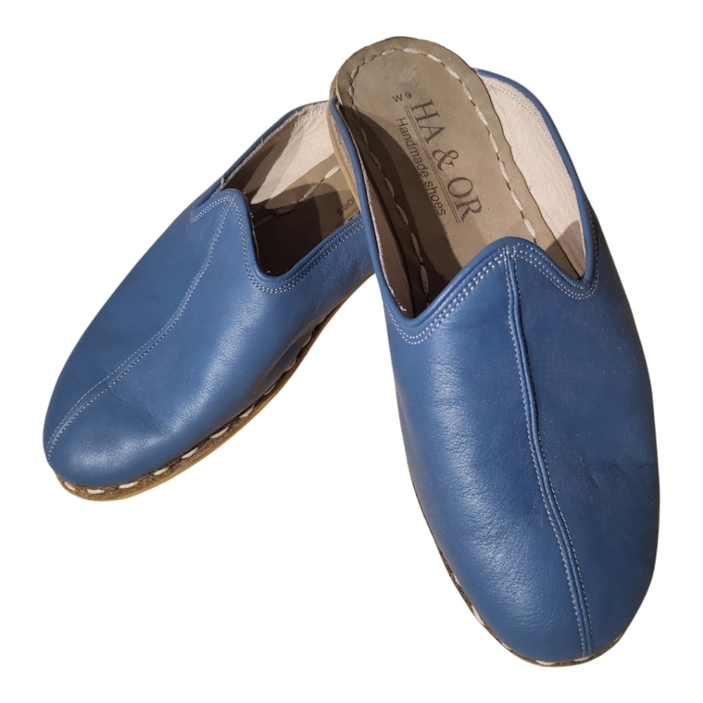 Blue Leather Slip-On Women's Mules